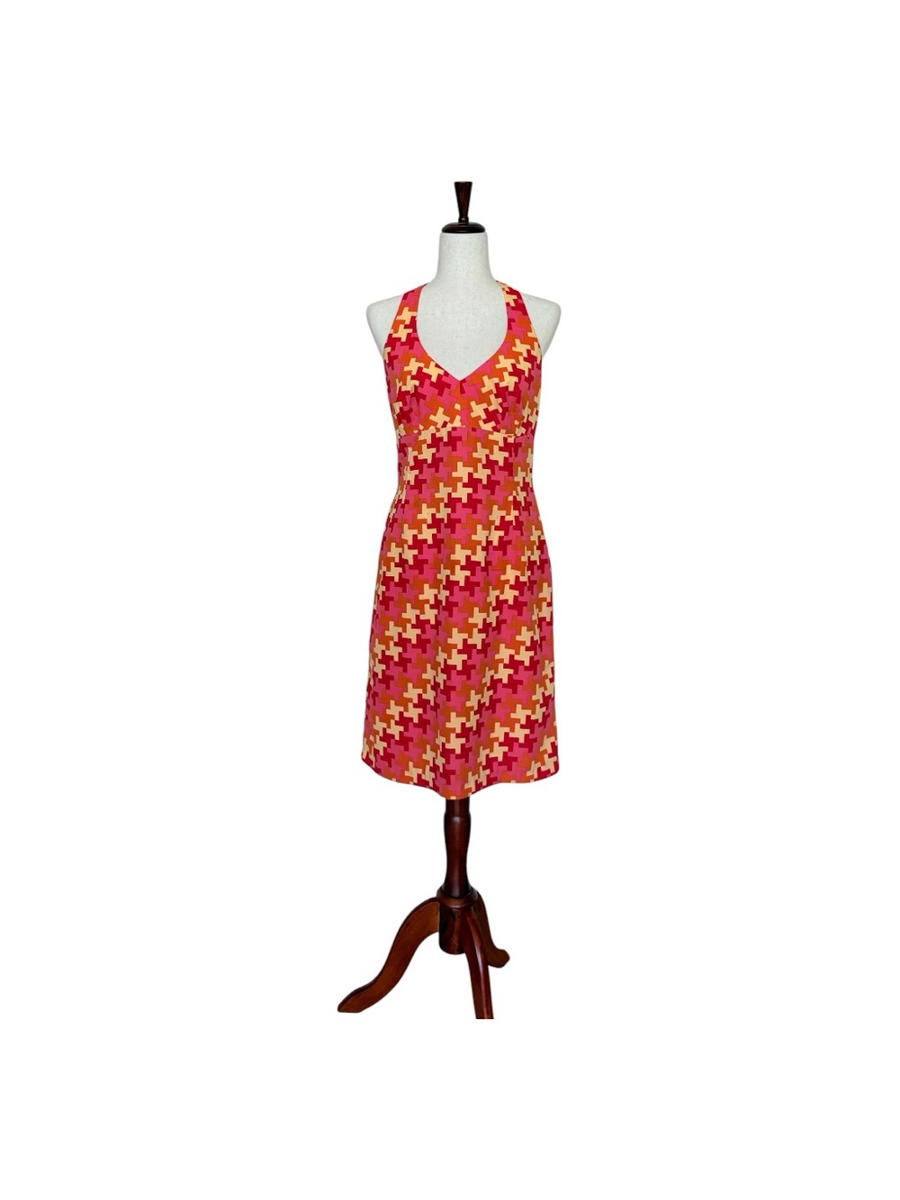 Shoshana.  Pink purple geometric print halter neck sleeveless lined mini dress 8